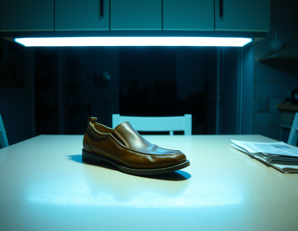 The shoe on the kitchen table under the strip light