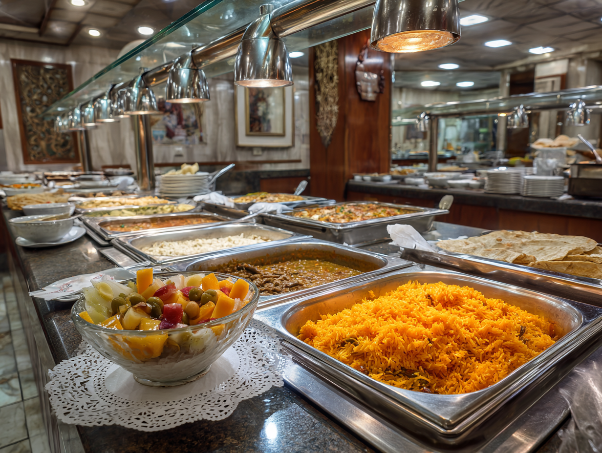 The Nile Marquise breakfast buffet, heat lamps and foreign dishes