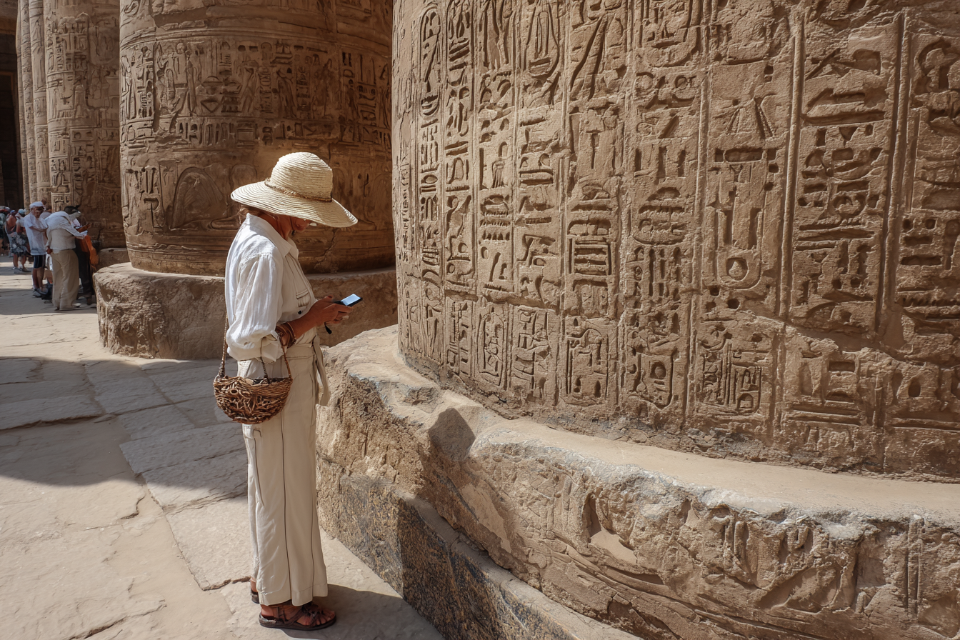 Our Linda in a wide-brimmed sun hat photographing hieroglyphs on a temple wall at Karnak